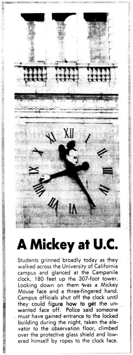 Campanile with Mickey Mouse hands on April 12, 1970