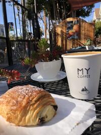 chocolate croissant and hot coffee 
