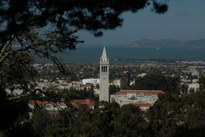 view of UC Berkeley campus from the hiking trails behind California Memorial Stadium
