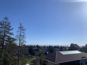 view of the bay on a sunny day from the McCone library balcony 
